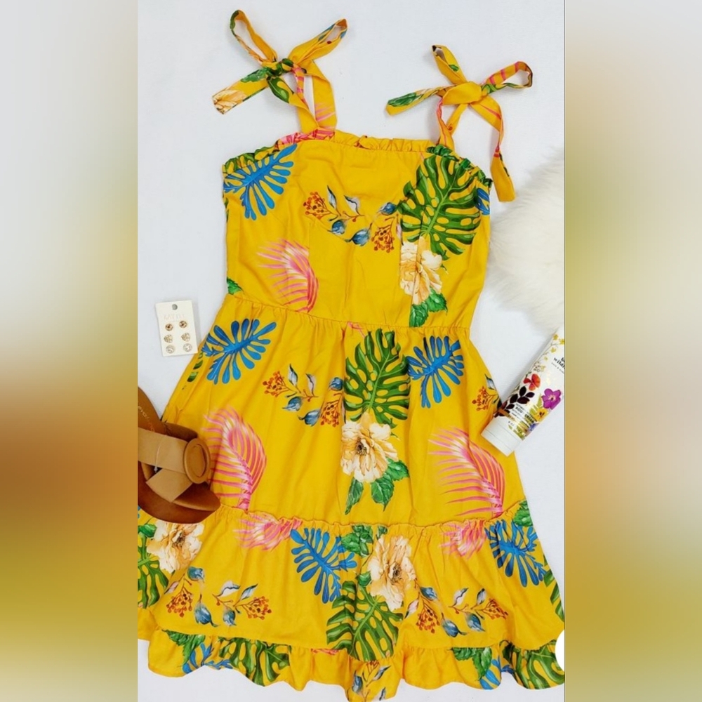 NWT Mustard Floral Frill Dress With Tie Strap Size Medium